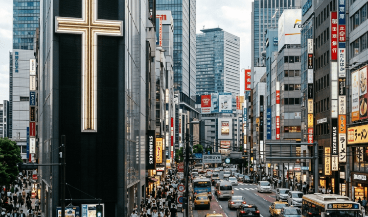 Bright cross in busy modern city
