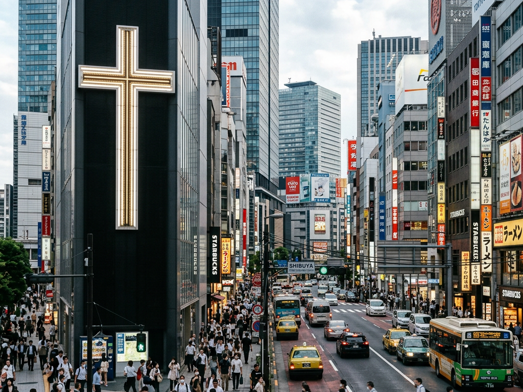 Bright cross in busy modern city