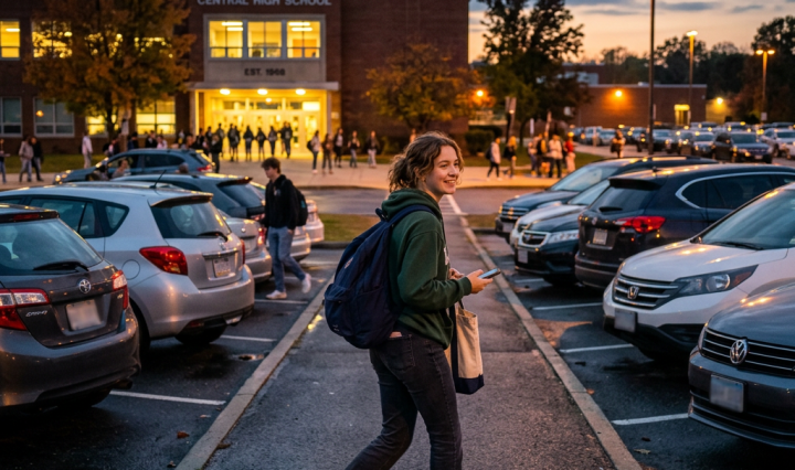 Student crossing parking lot at Central High School entrance during sunset