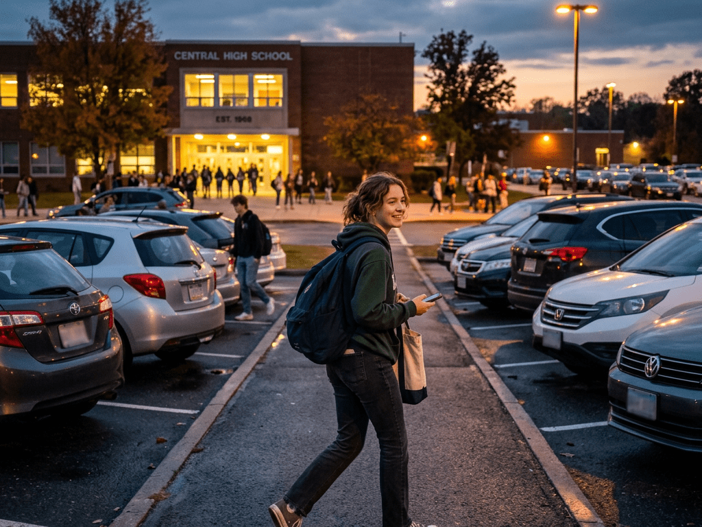 Student crossing parking lot at Central High School entrance during sunset