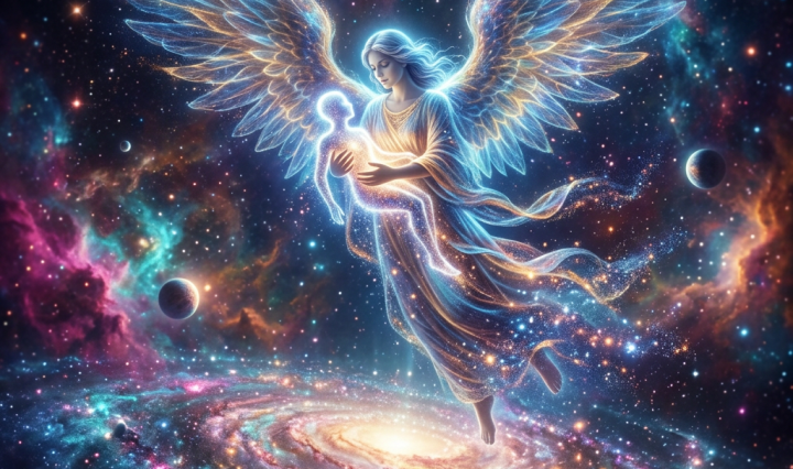 Glowing angel with expansive wings holding a radiant human figure above a colorful spiral galaxy in space