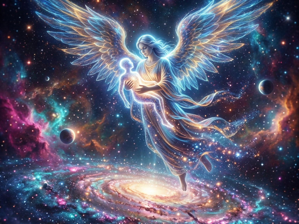 Glowing angel with expansive wings holding a radiant human figure above a colorful spiral galaxy in space