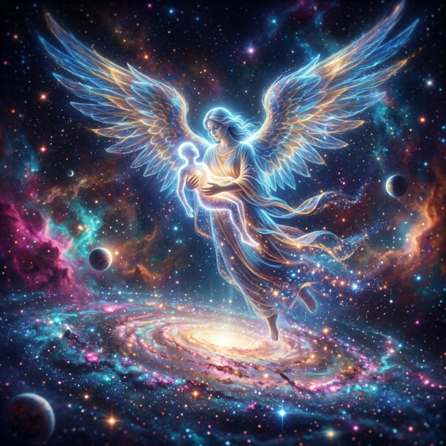 Glowing angel with expansive wings holding a radiant human figure above a colorful spiral galaxy in space
