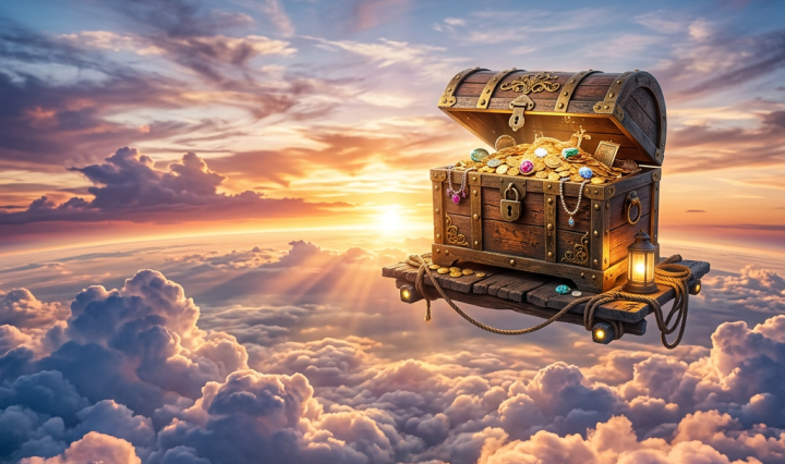 Treasure chest overflowing with gold coins and colorful jewels floating on a wooden platform above clouds at sunset