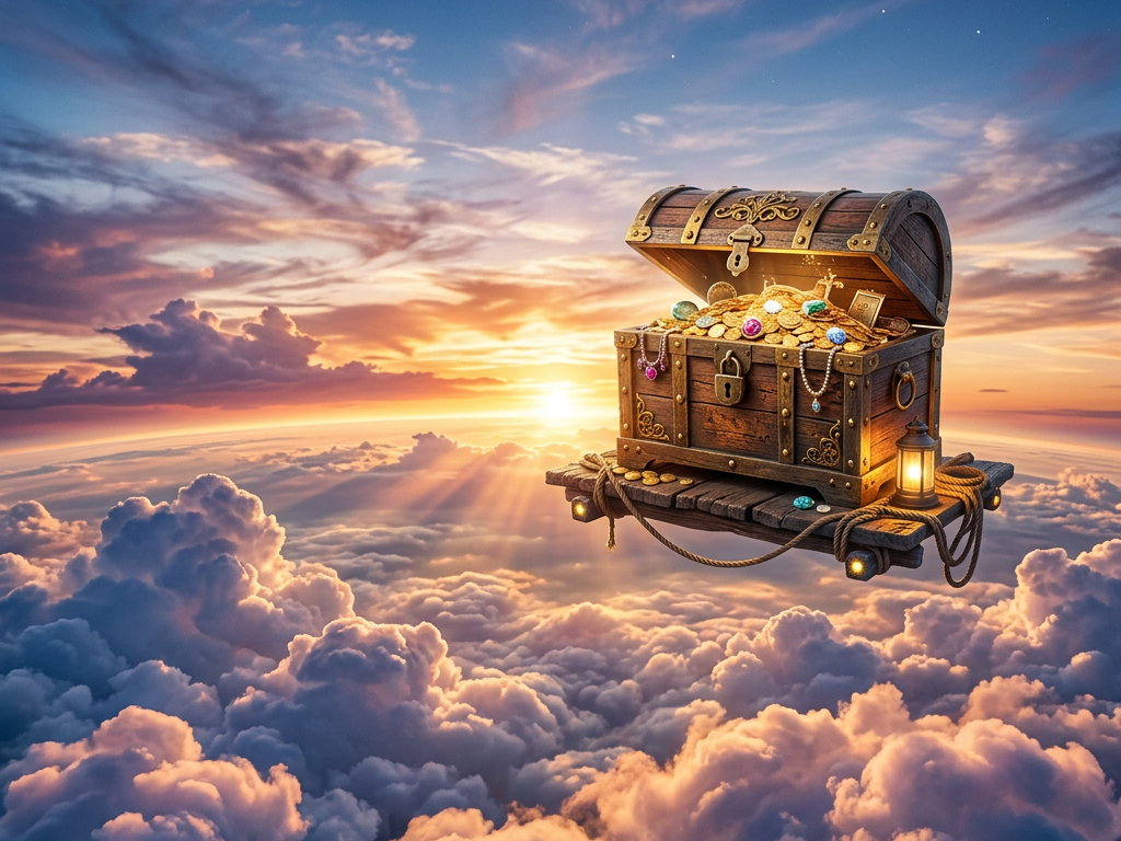 Treasure chest overflowing with gold coins and colorful jewels floating on a wooden platform above clouds at sunset