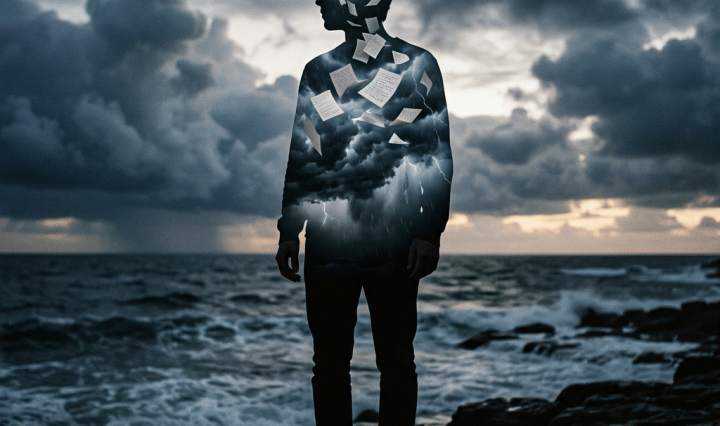 Silhouetted person standing on rocky shore with storm clouds and floating papers inside their body