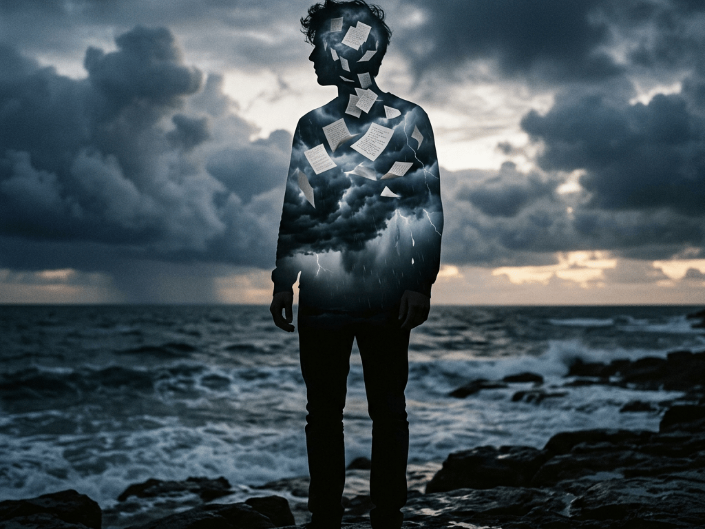 Silhouetted person standing on rocky shore with storm clouds and floating papers inside their body