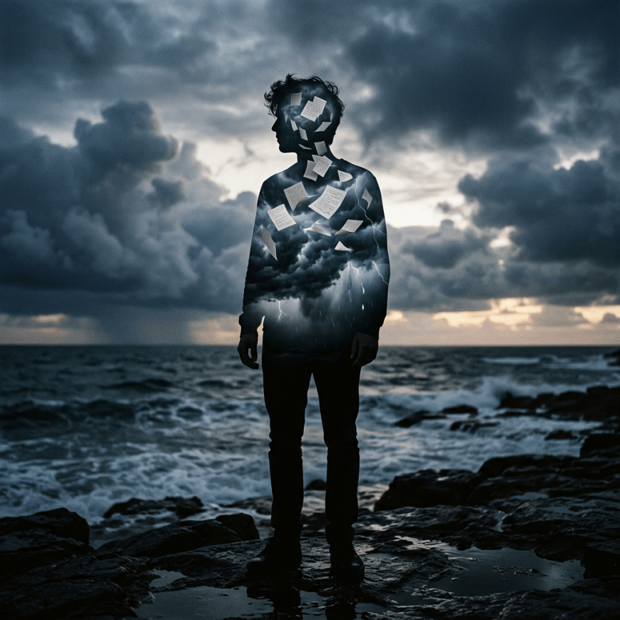 Silhouetted person standing on rocky shore with storm clouds and floating papers inside their body