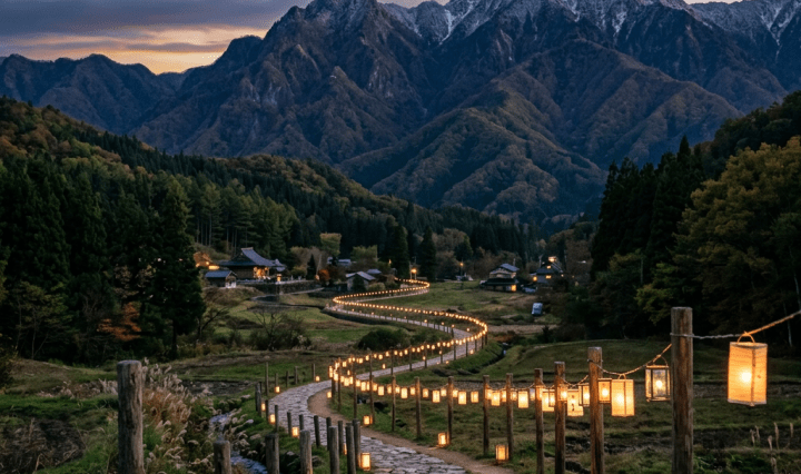 A winding stone pathway lit by numerous lanterns extending towards distant mountains with snow-capped peaks at dusk.