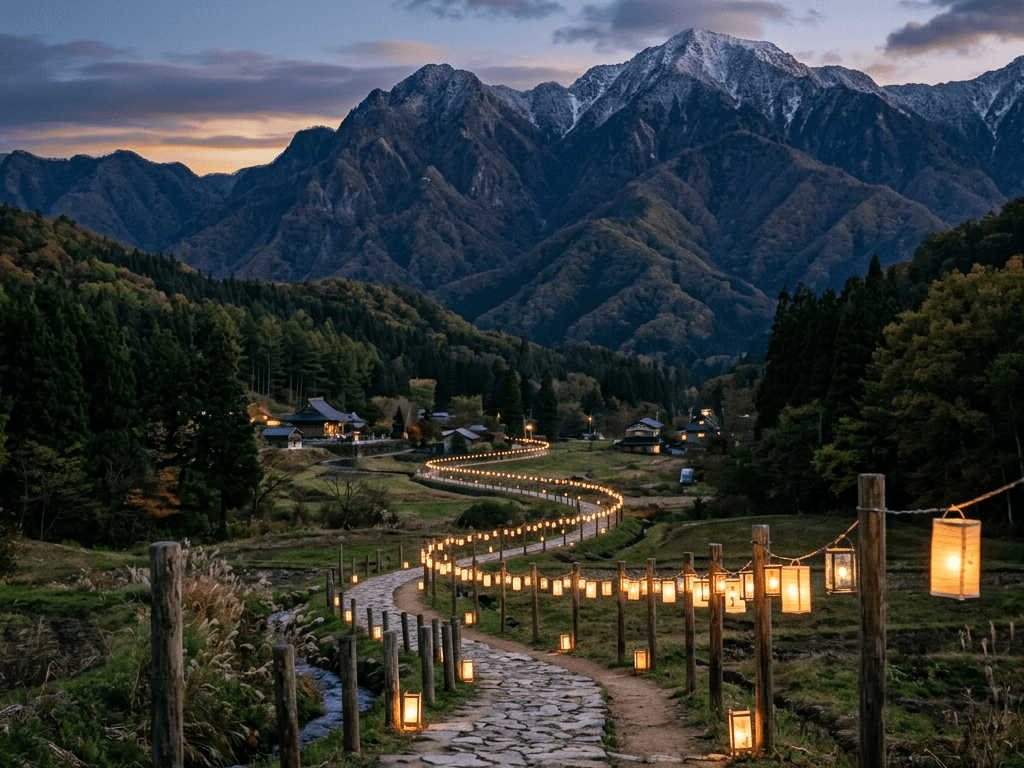 A winding stone pathway lit by numerous lanterns extending towards distant mountains with snow-capped peaks at dusk.