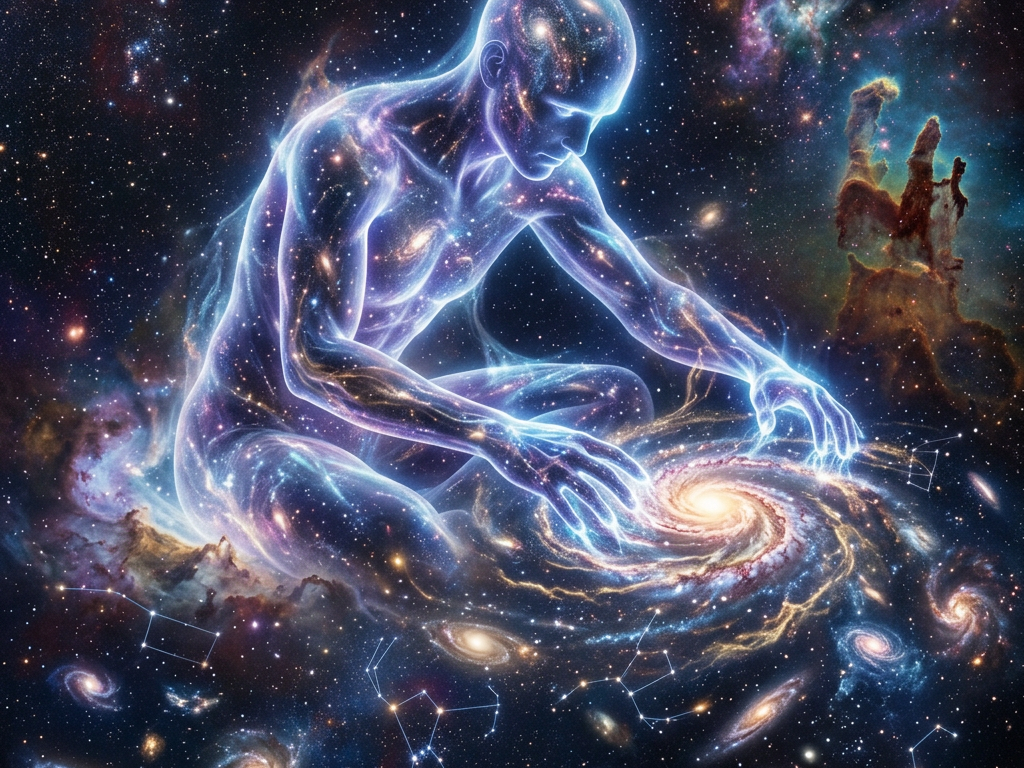 Transparent humanoid figure composed of stars manipulating a spiral galaxy in space with constellations around