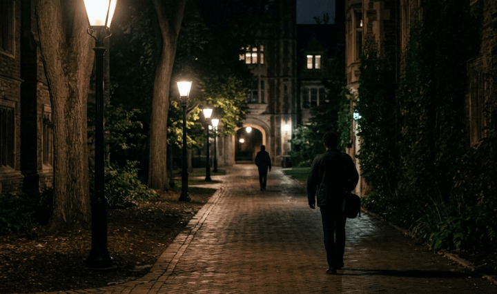 Two people walking on a brick pathway lined with street lamps at night near university buildings