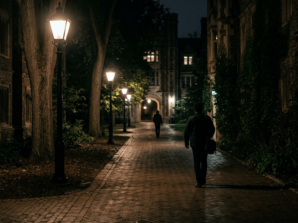 Two people walking on a brick pathway lined with street lamps at night near university buildings