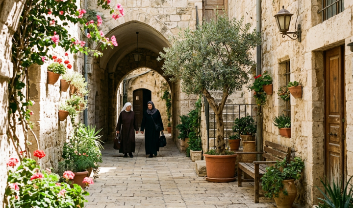 Two nuns walking in a bright stone courtyard with potted plants and arched doorways