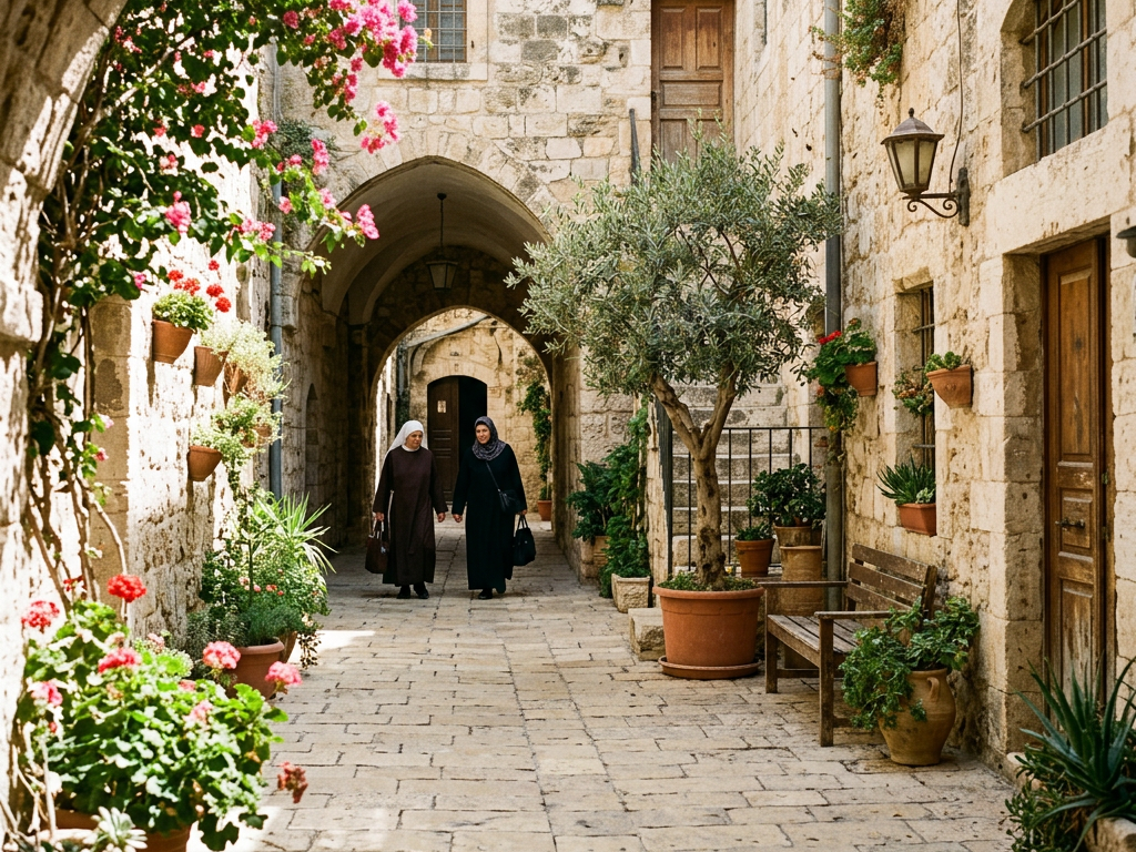 Two nuns walking in a bright stone courtyard with potted plants and arched doorways