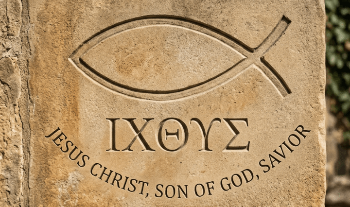 Stone plaque with carved Ichthys fish and Greek letters IXΘΥΣ meaning Jesus Christ Son of God Savior