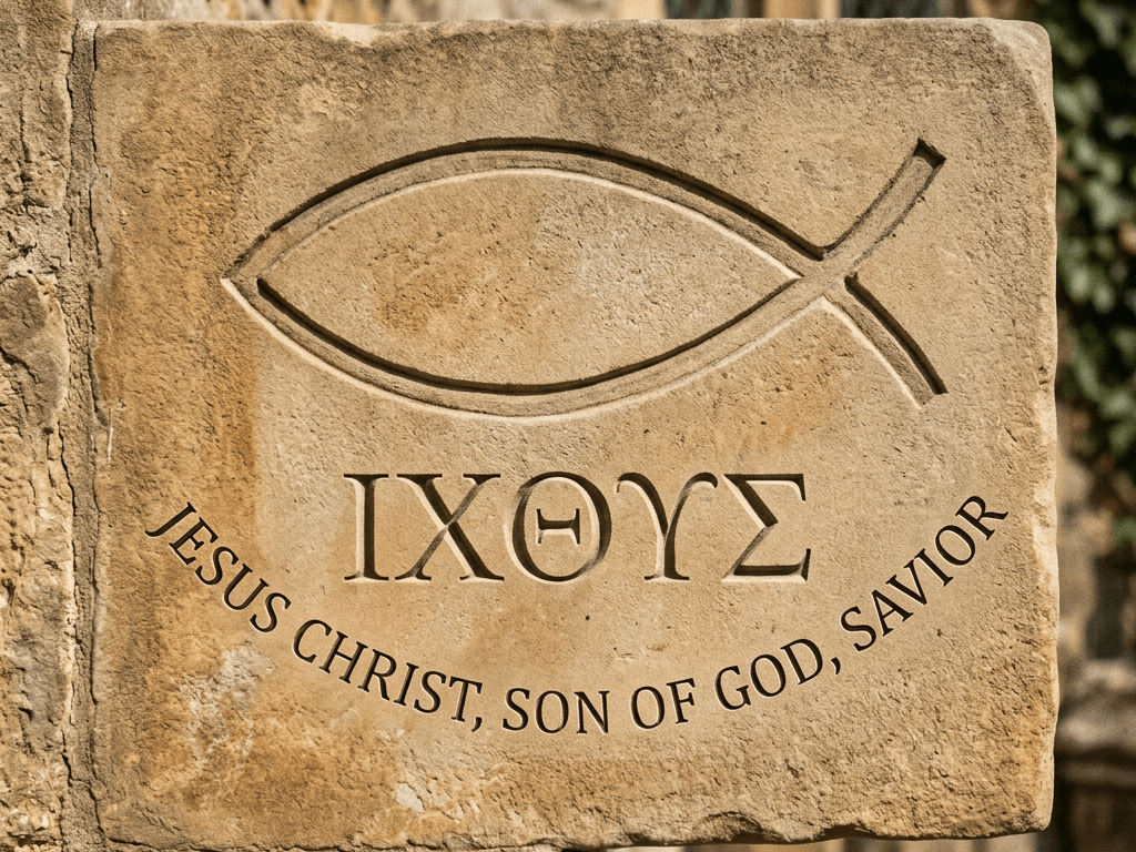 Stone plaque with carved Ichthys fish and Greek letters IXΘΥΣ meaning Jesus Christ Son of God Savior